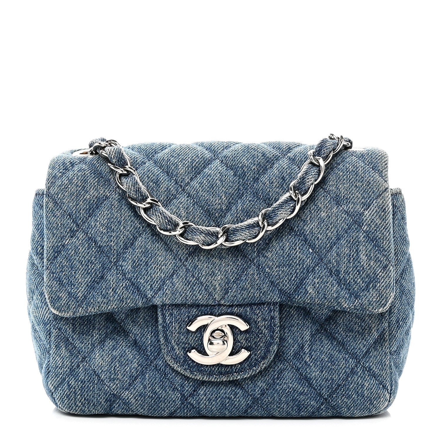 Denim CC Quilted Mini Square Flap Blue