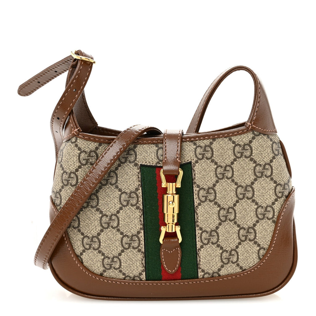 GG Supreme Monogram Azalea Calfskin Web Mini Jackie 1961 Hobo Beige Ebony Brown Sugar