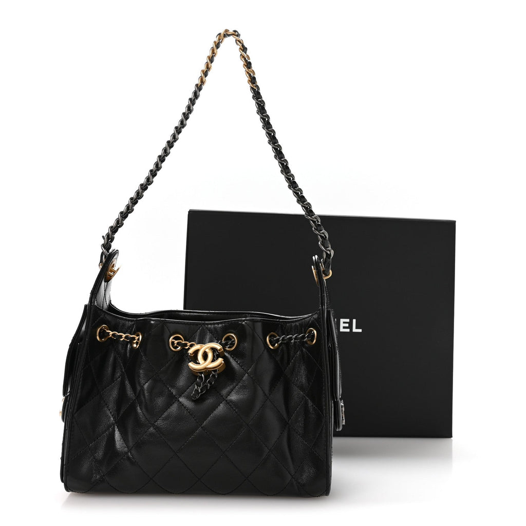 Shiny Crumpled Calfskin Quilted Mini Chanel 25 Handbag Black