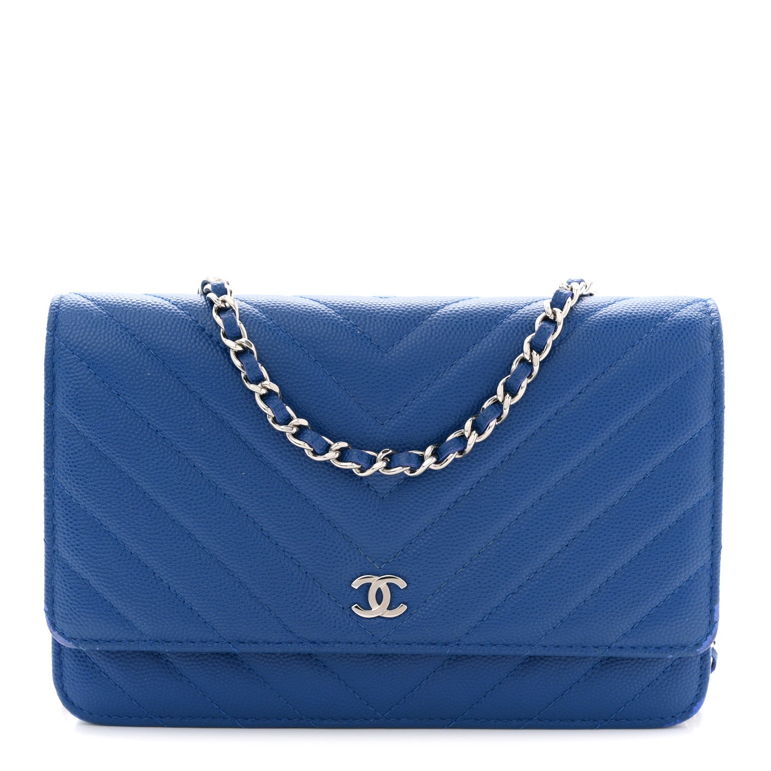 Caviar Chevron Quilted Wallet On Chain WOC Blue
