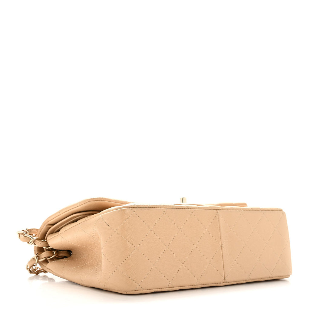 Caviar Quilted Jumbo Double Flap Beige
