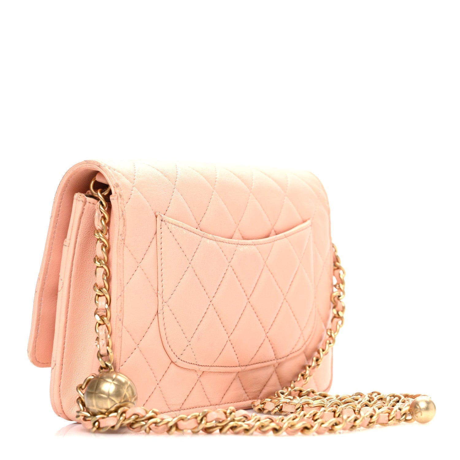 Lambskin Quilted CC Pearl Crush Wallet on Chain WOC Light Orange