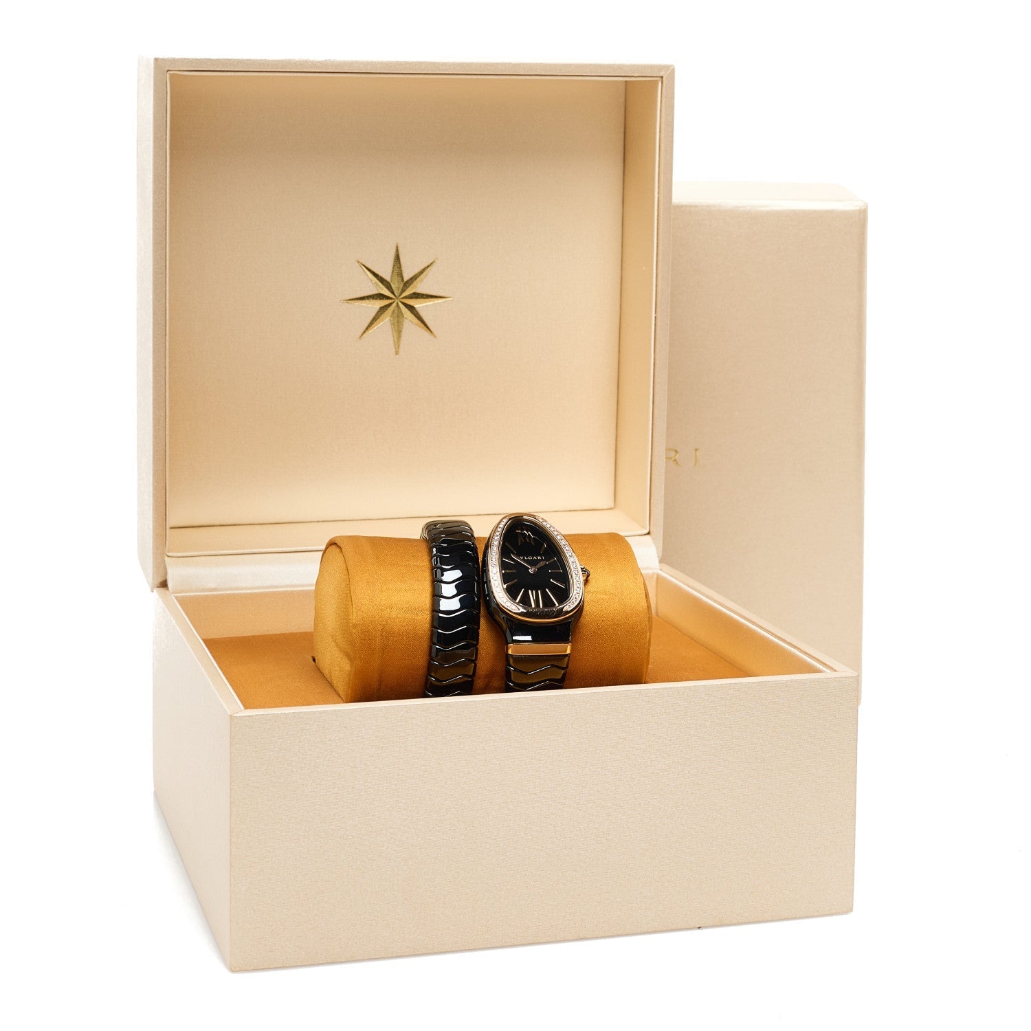 18K Rose Gold Ceramic Diamond Bezel 35mm Serpenti Tubogas Quartz Watch Black