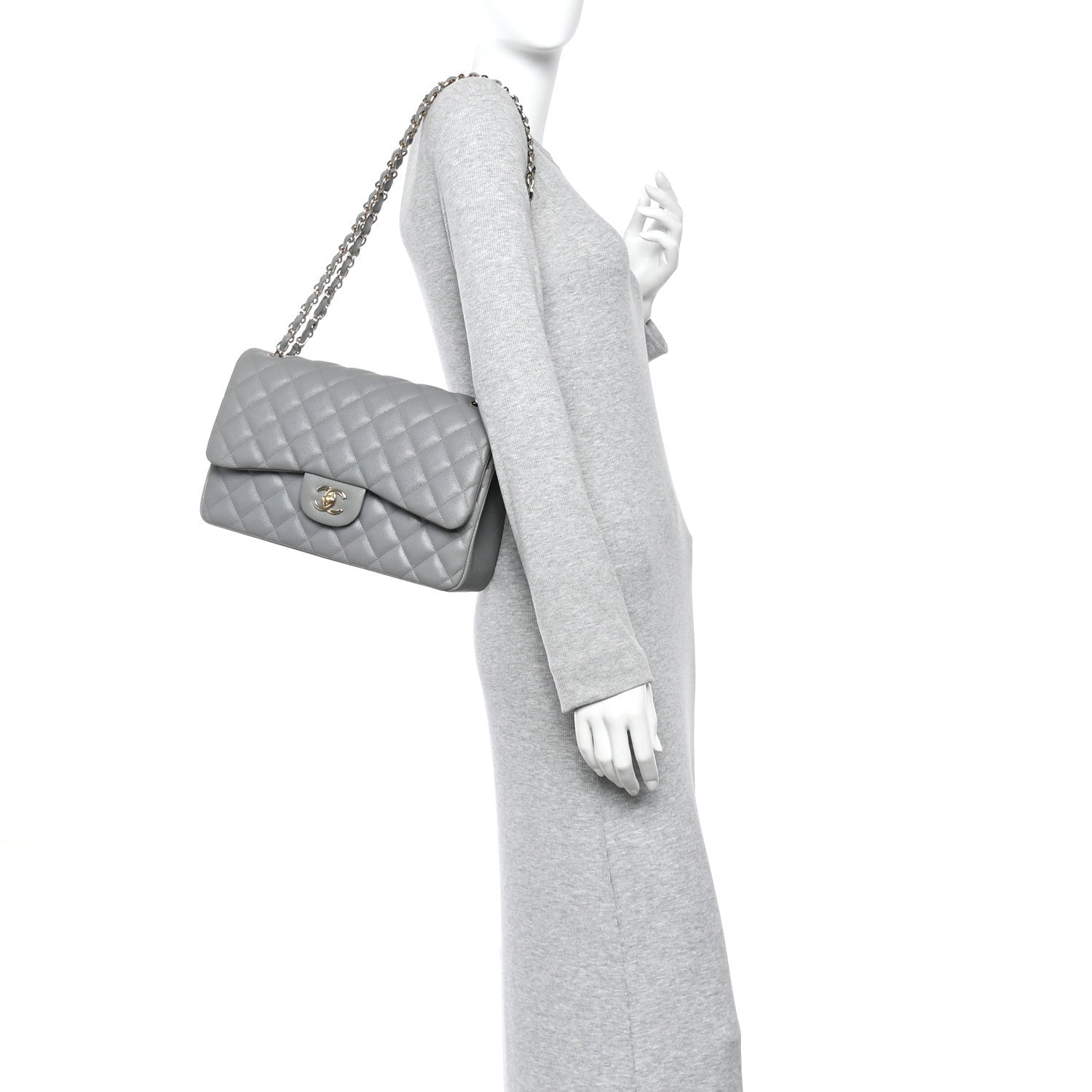 Caviar Quilted Jumbo Double Flap Grey