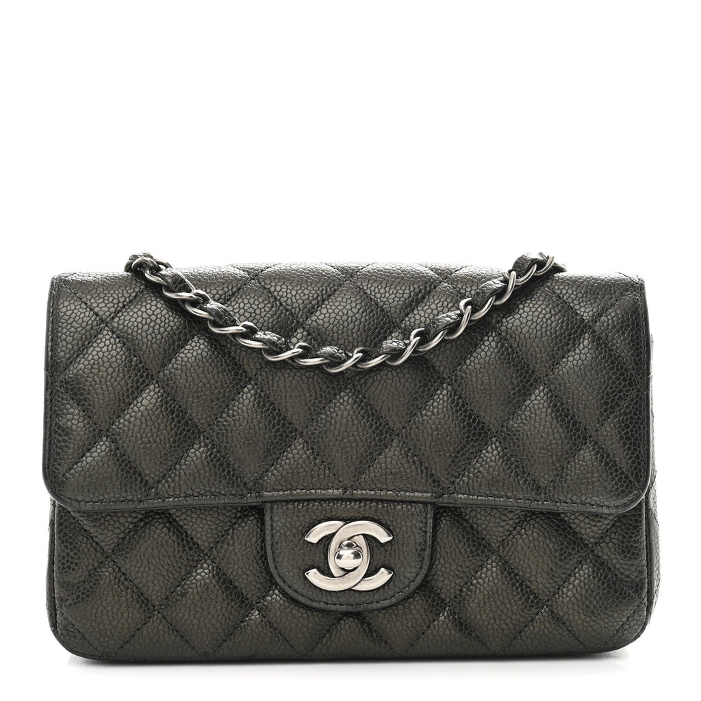 Metallic Caviar Quilted Mini Rectangular Flap Dark Grey