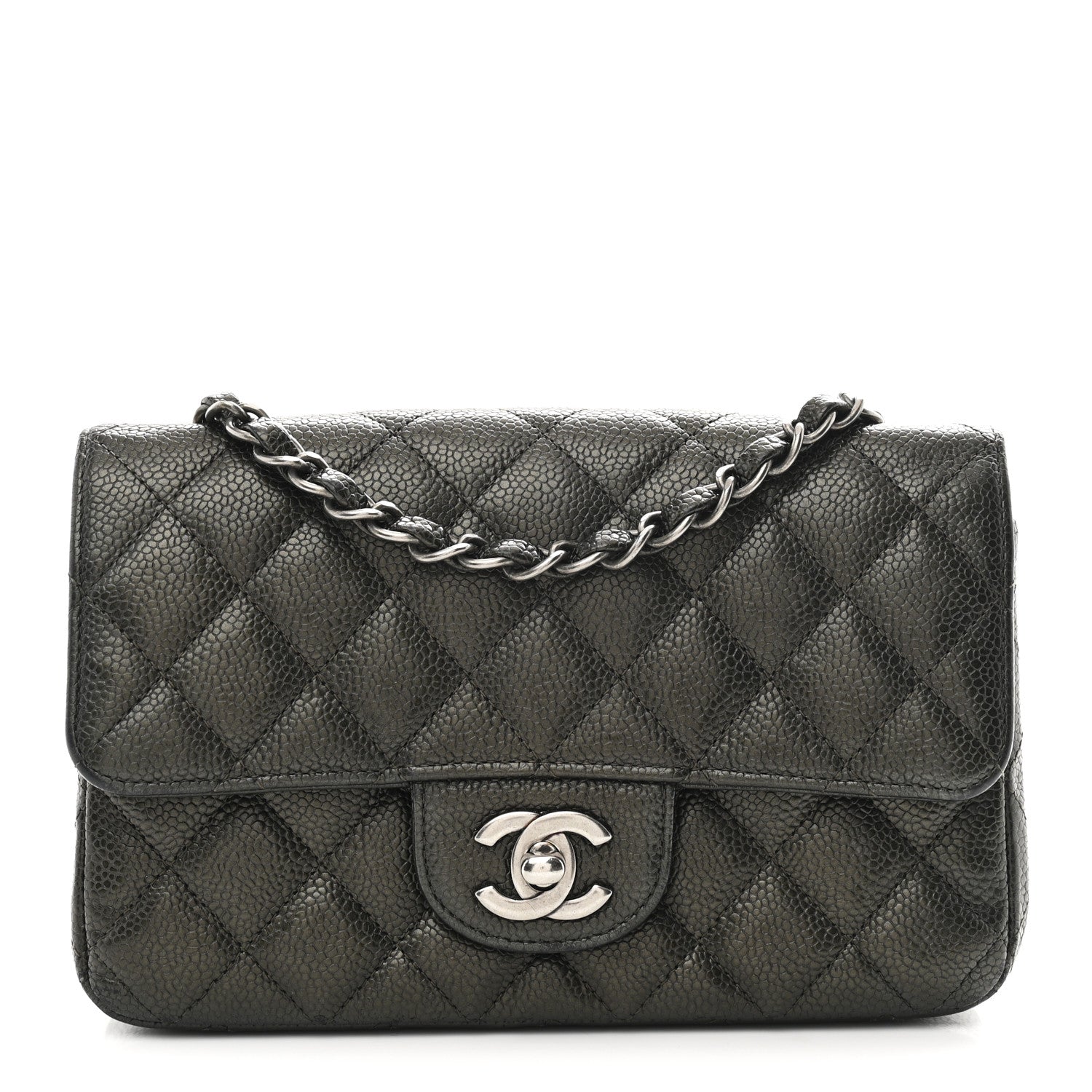 Metallic Caviar Quilted Mini Rectangular Flap Dark Grey