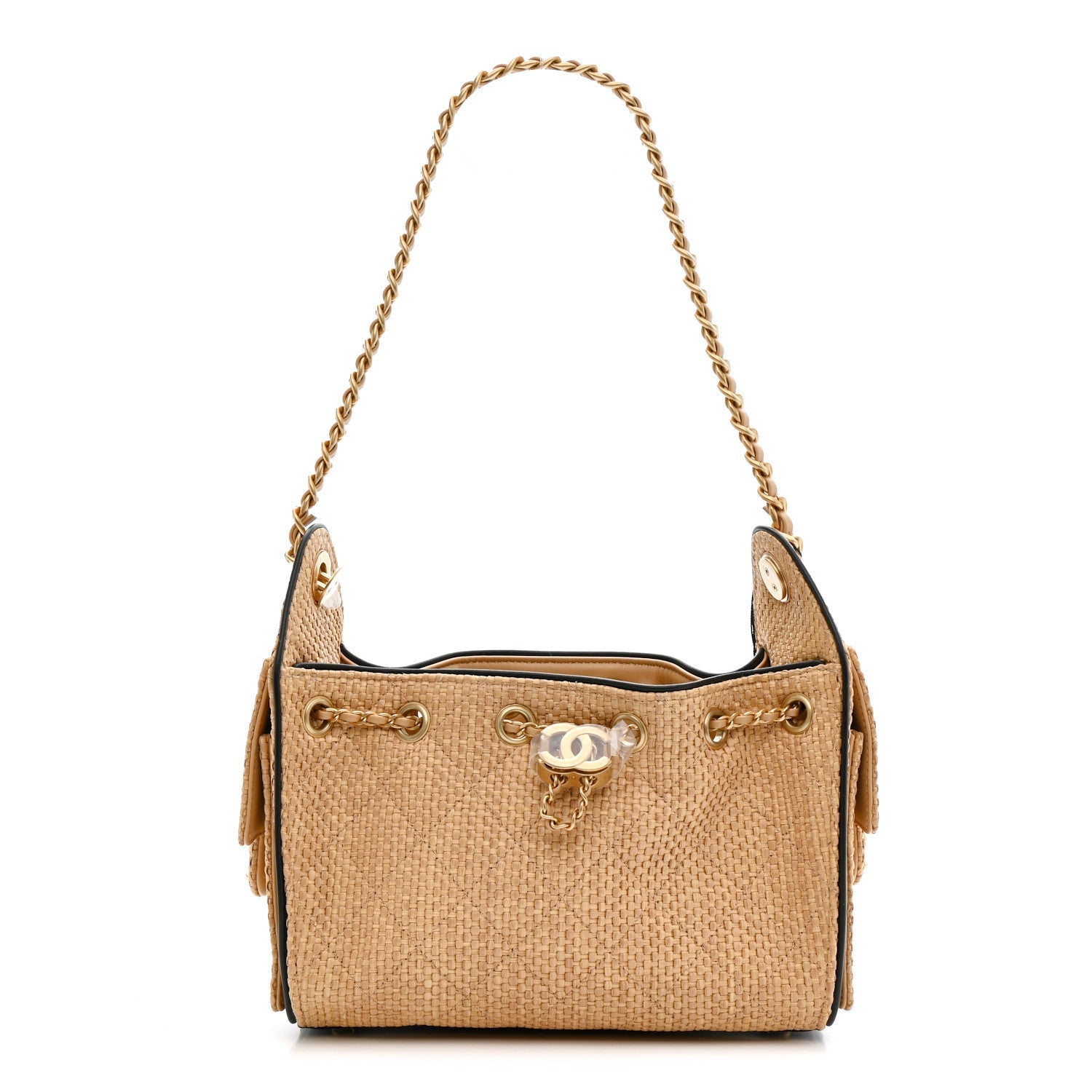 Braided Raffia Calfskin Quilted Mini Chanel 25 Handbag Beige Black