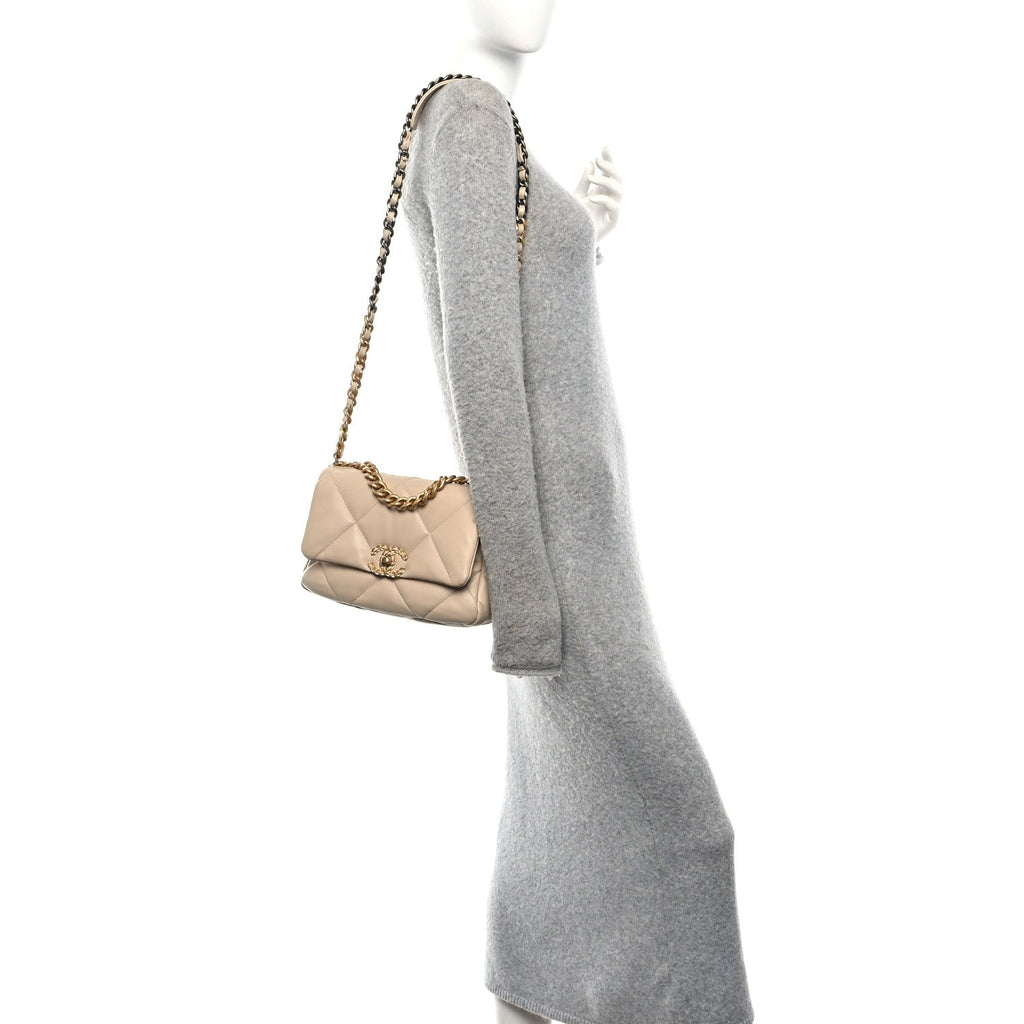 Shiny Goatskin Quilted Medium Chanel 19 Flap Beige