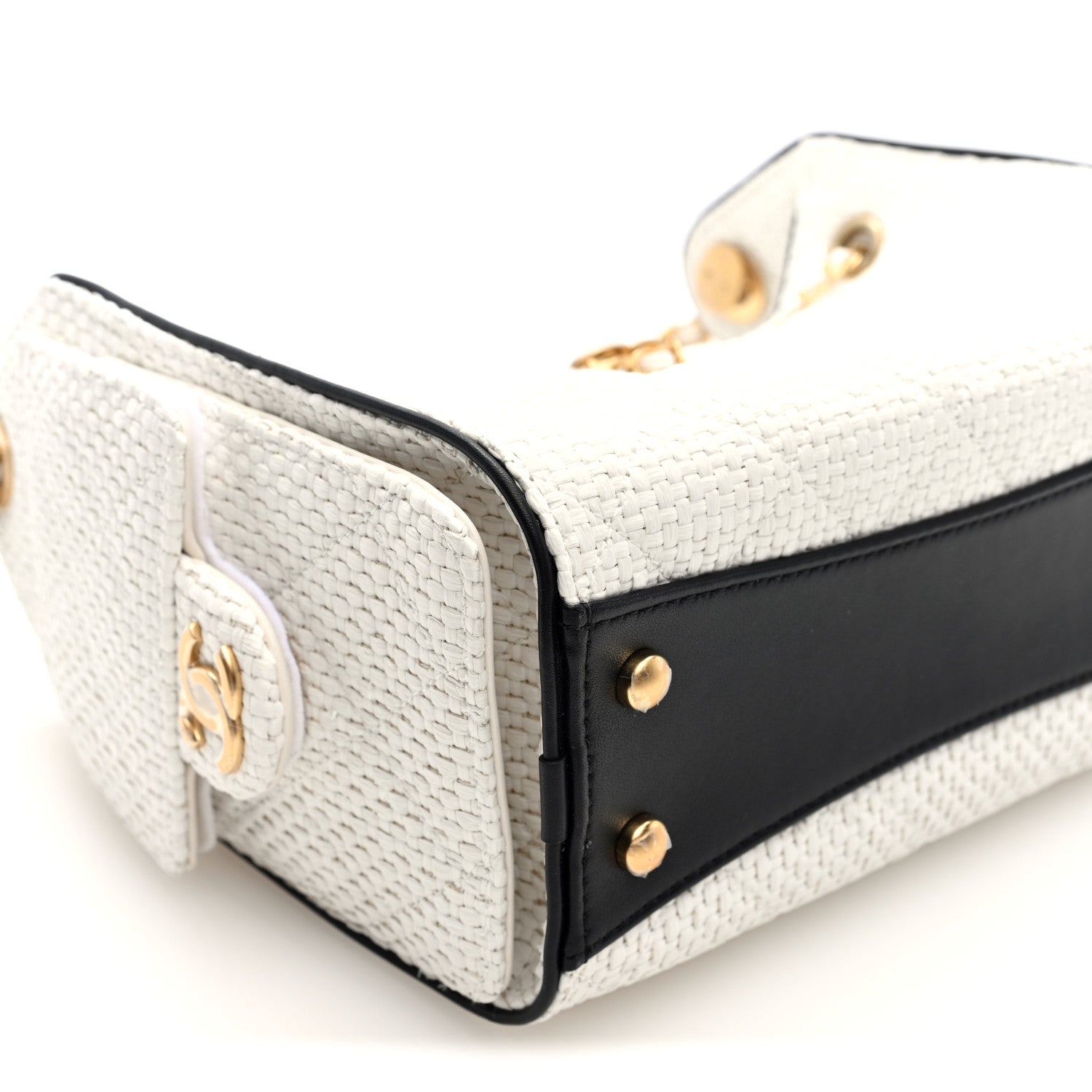 Braided Raffia Calfskin Mini Chanel 25 Handbag White Black