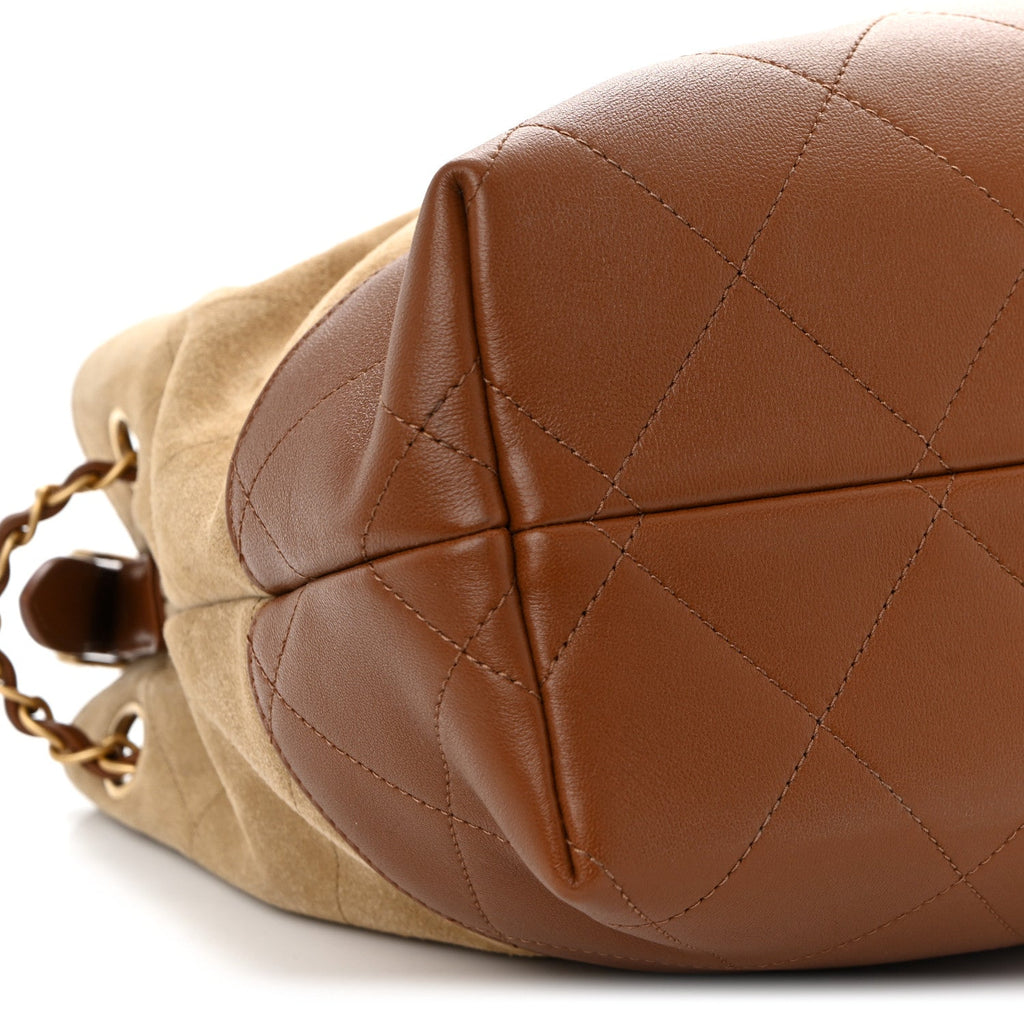 Suede Calfskin Shiny Lambskin Quilted Small Coco Base Shopping Bag Beige Camel