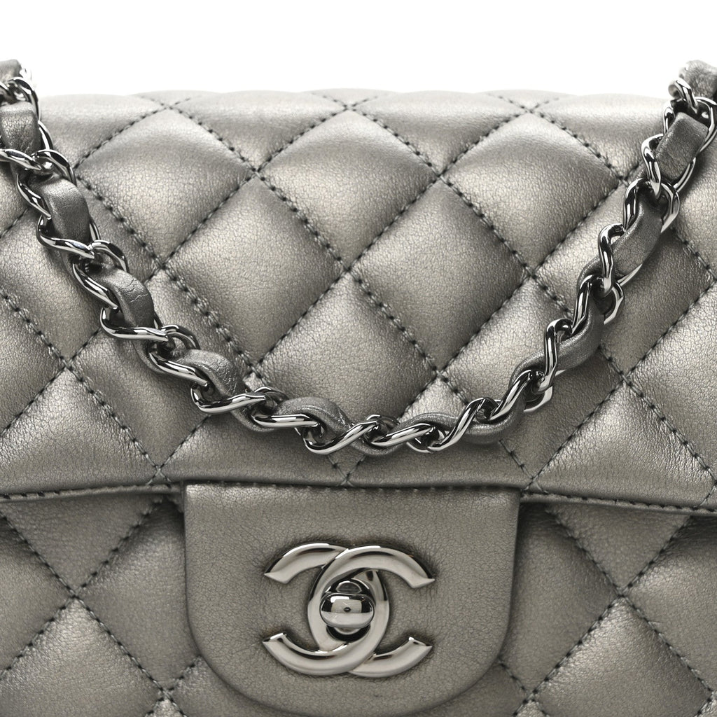 Metallic Lambskin Quilted Mini Rectangular Flap  Dark Grey