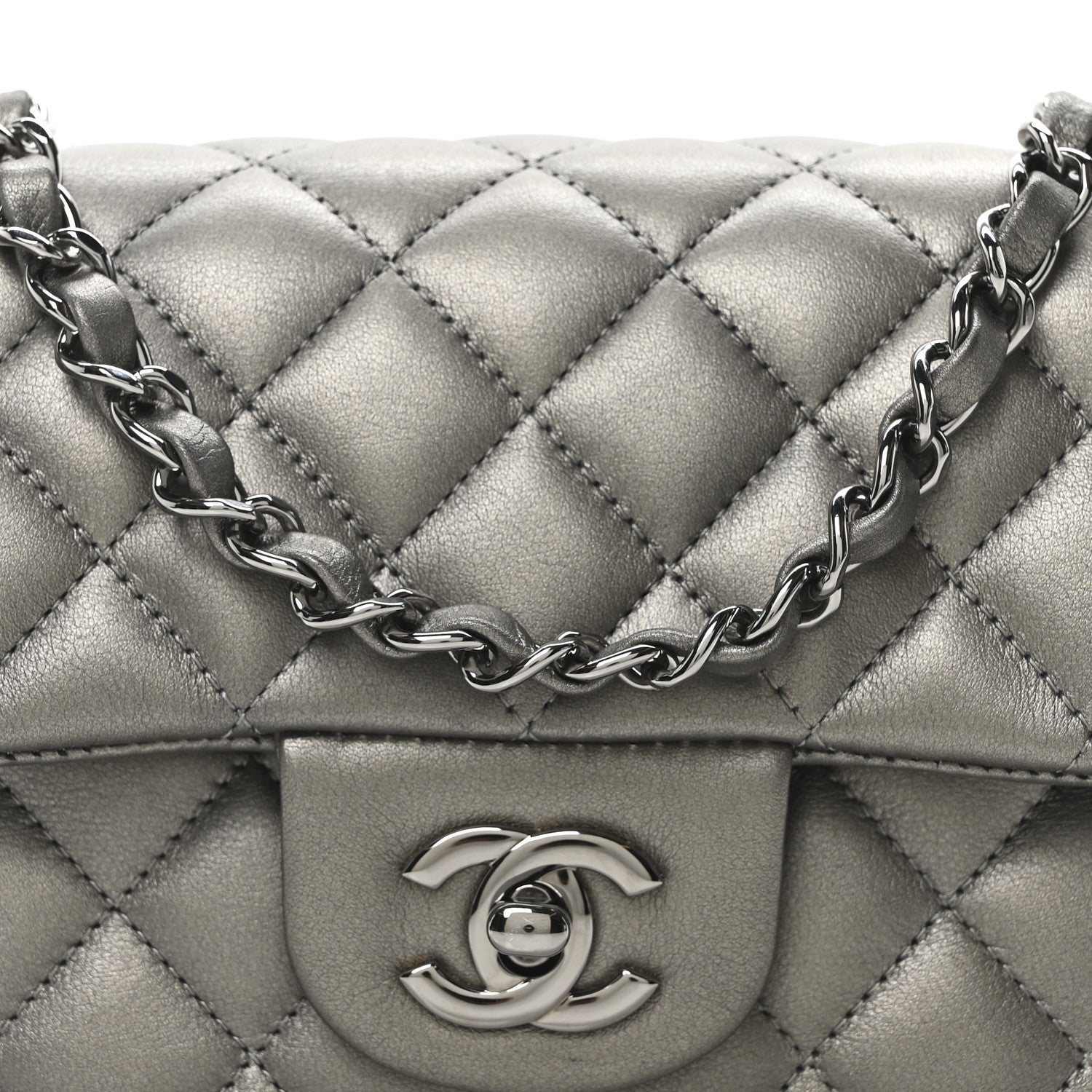 Metallic Lambskin Quilted Mini Rectangular Flap  Dark Grey