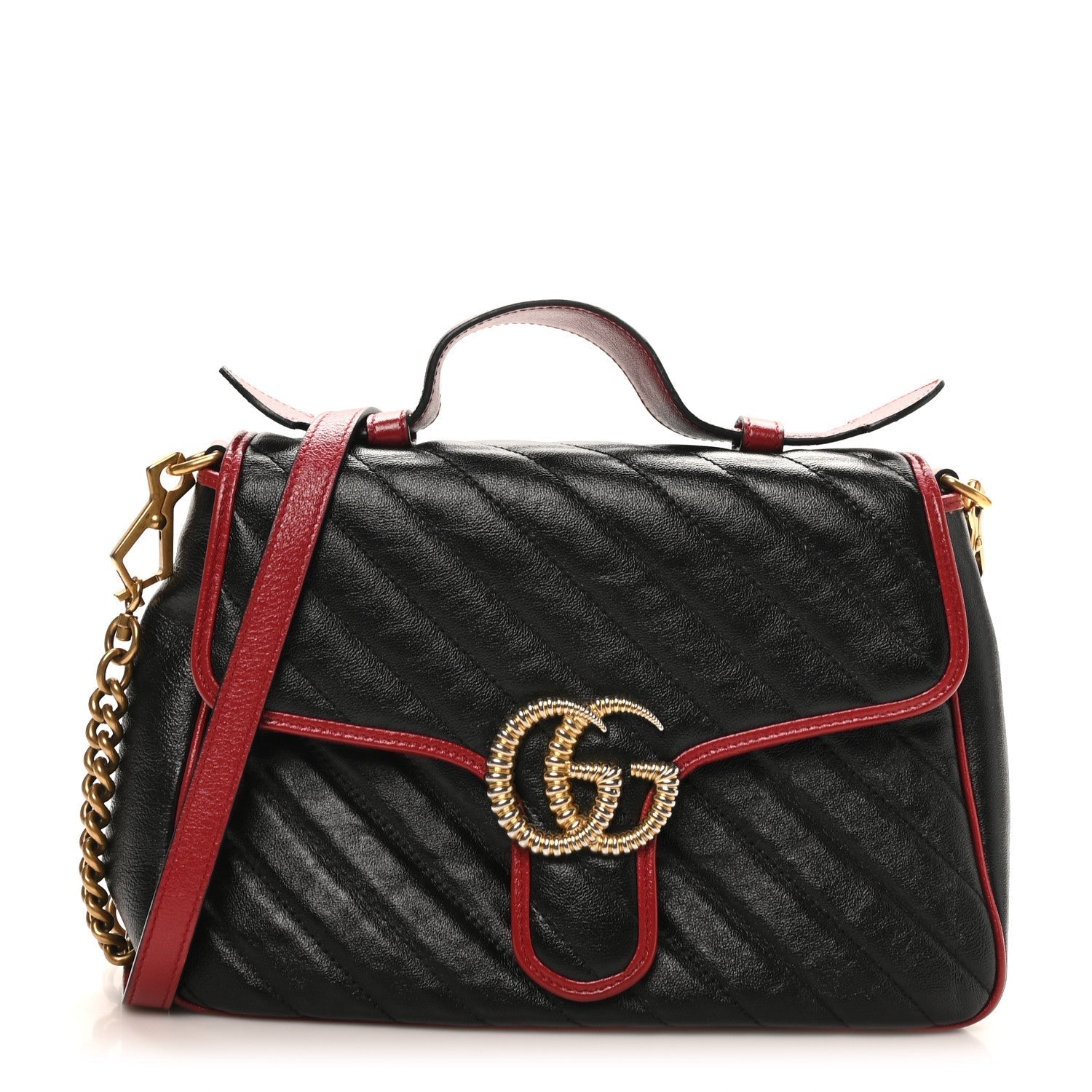 Vintage Effect Calfskin Matelasse Diagonal Small Torchon GG Marmont Top Handle Shoulder Bag Black Romantic Cherry