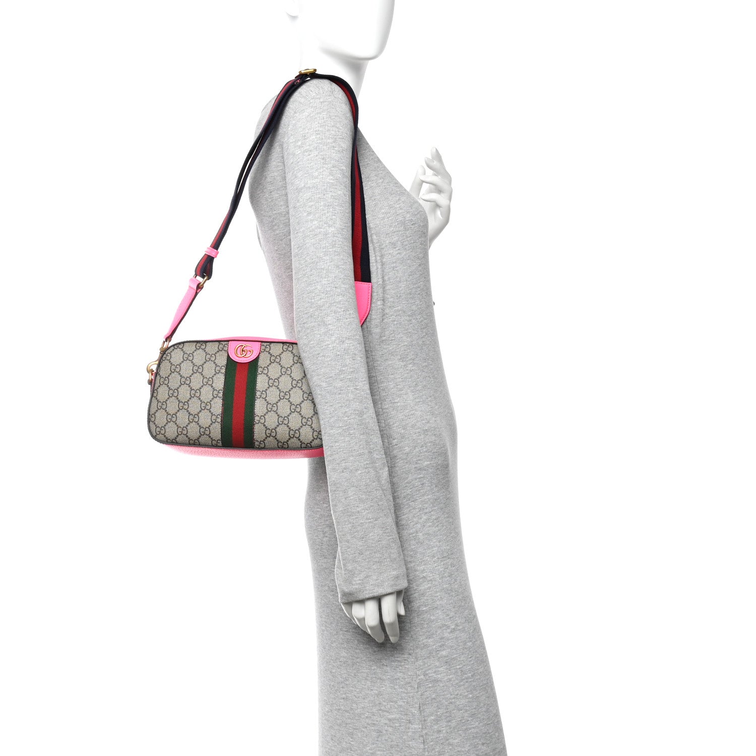 GG Supreme Monogram Textured Dollar Calfskin Web Ophidia Small Crossbody Bag Beige Ebony Fuchsia