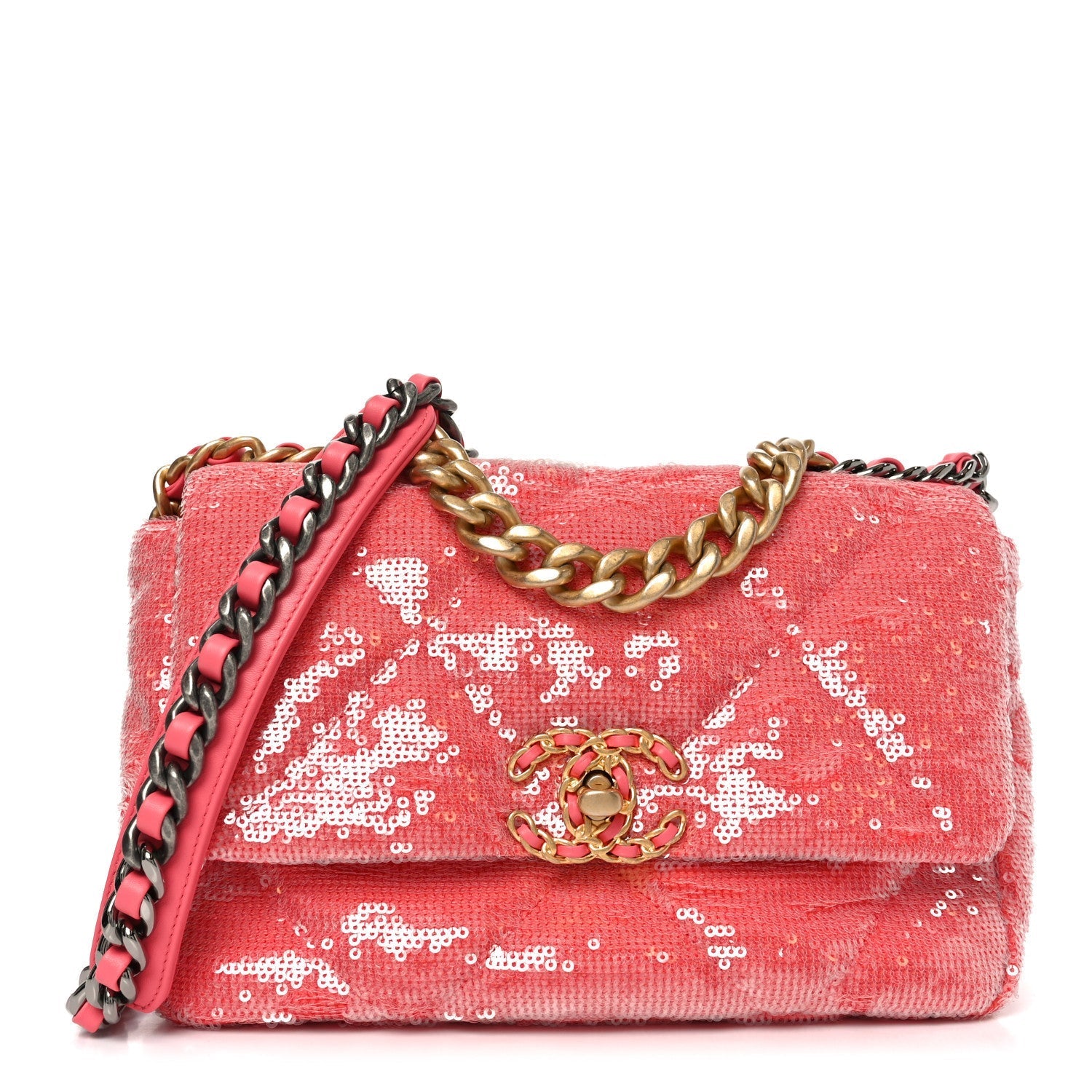 Sequin Quilted Medium Chanel 19 Flap Coral