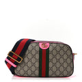 GG Supreme Monogram Textured Dollar Calfskin Web Ophidia Small Crossbody Bag Beige Ebony Fuchsia