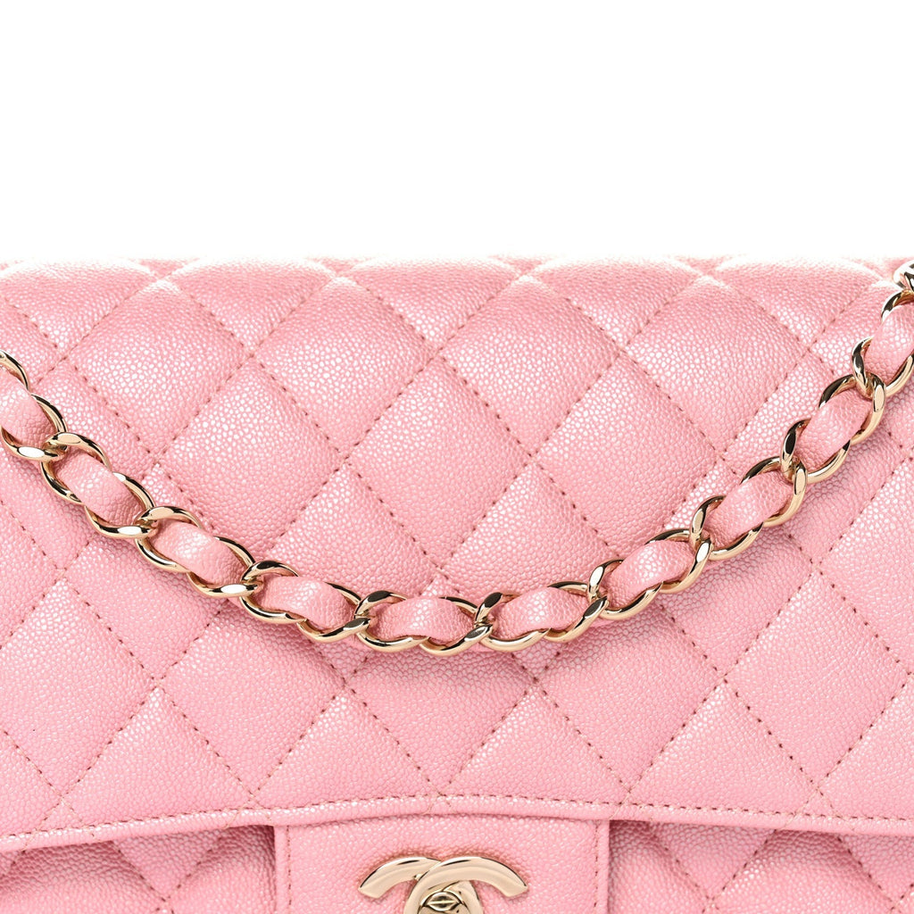 Iridescent Caviar Quilted Medium Double Flap Rose Pink