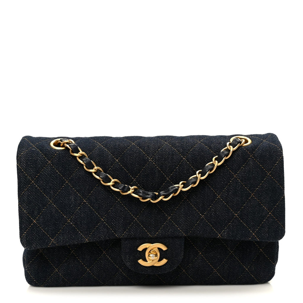 Denim Quilted Medium Double Flap Dark Blue