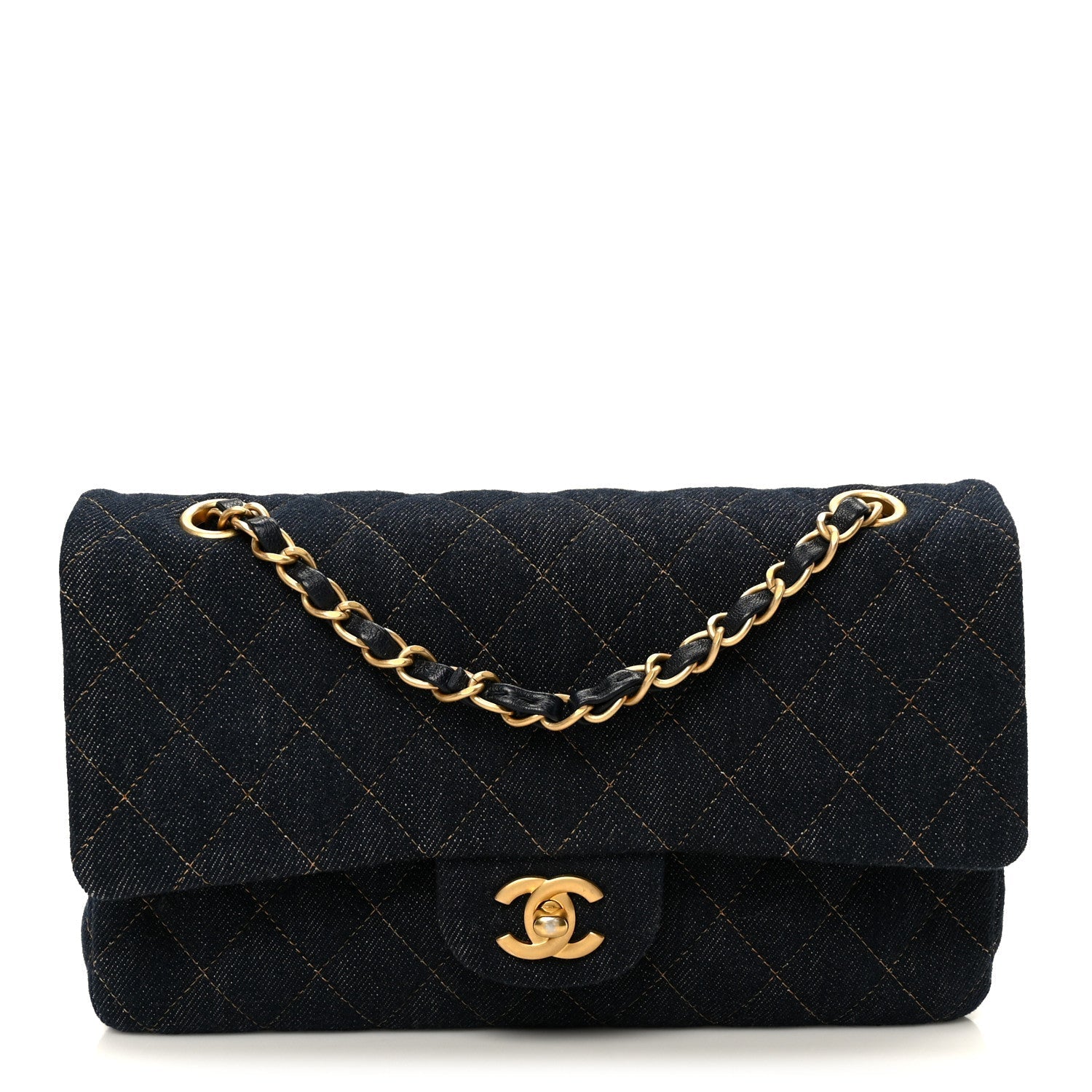 Denim Quilted Medium Double Flap Dark Blue