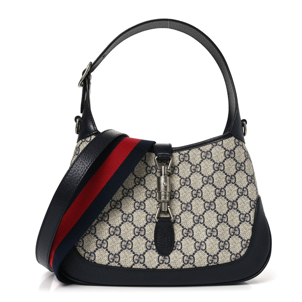 GG Supreme Monogram Textured Dollar Calfskin Web Small Jackie 1961 Hobo Beige Blue