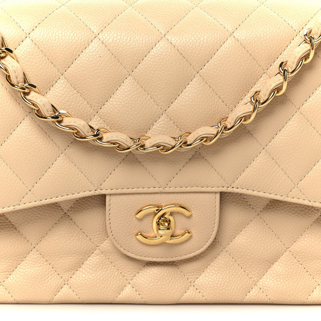 Caviar Quilted Jumbo Double Flap Beige