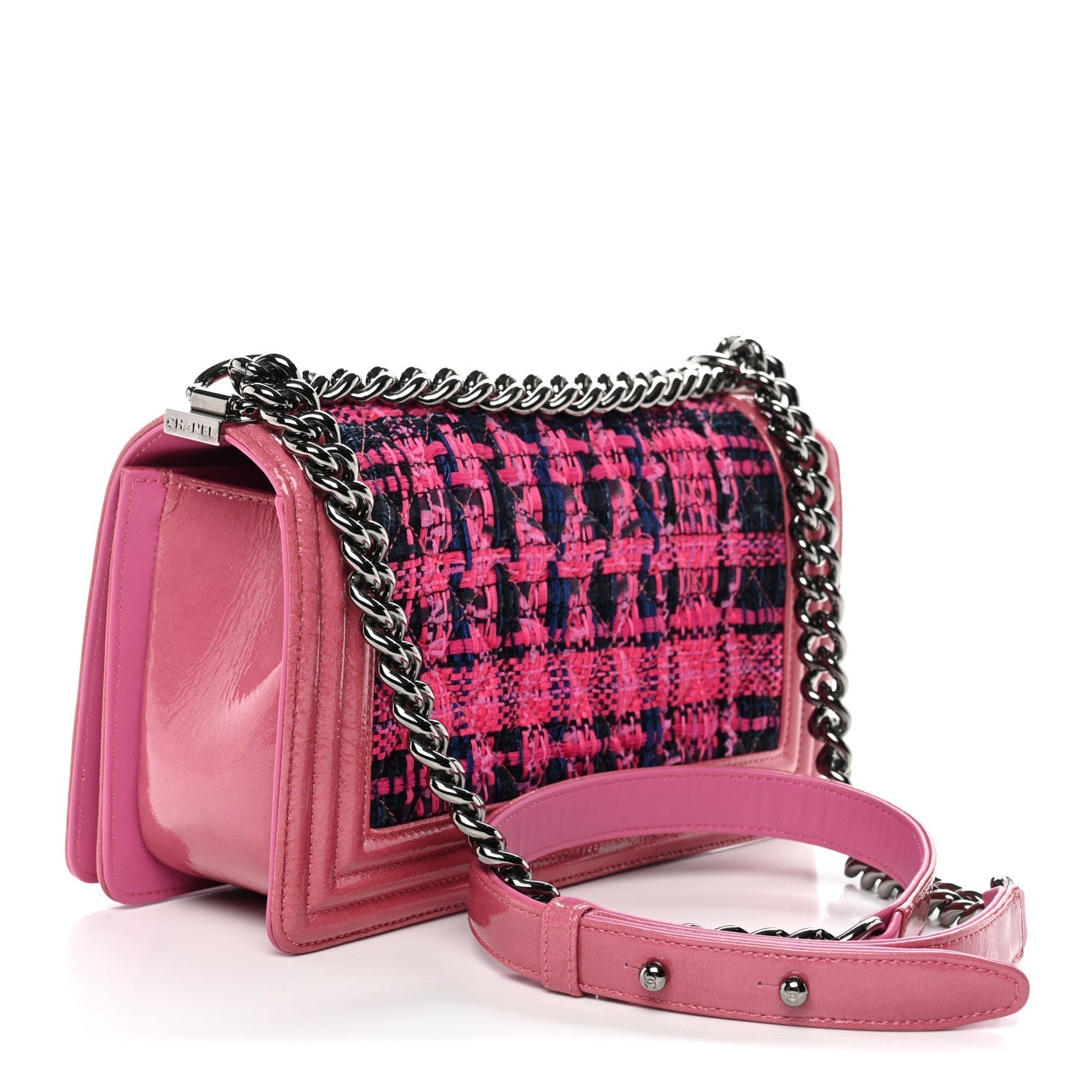 Patent Tweed Medium Boy Flap Fuchsia