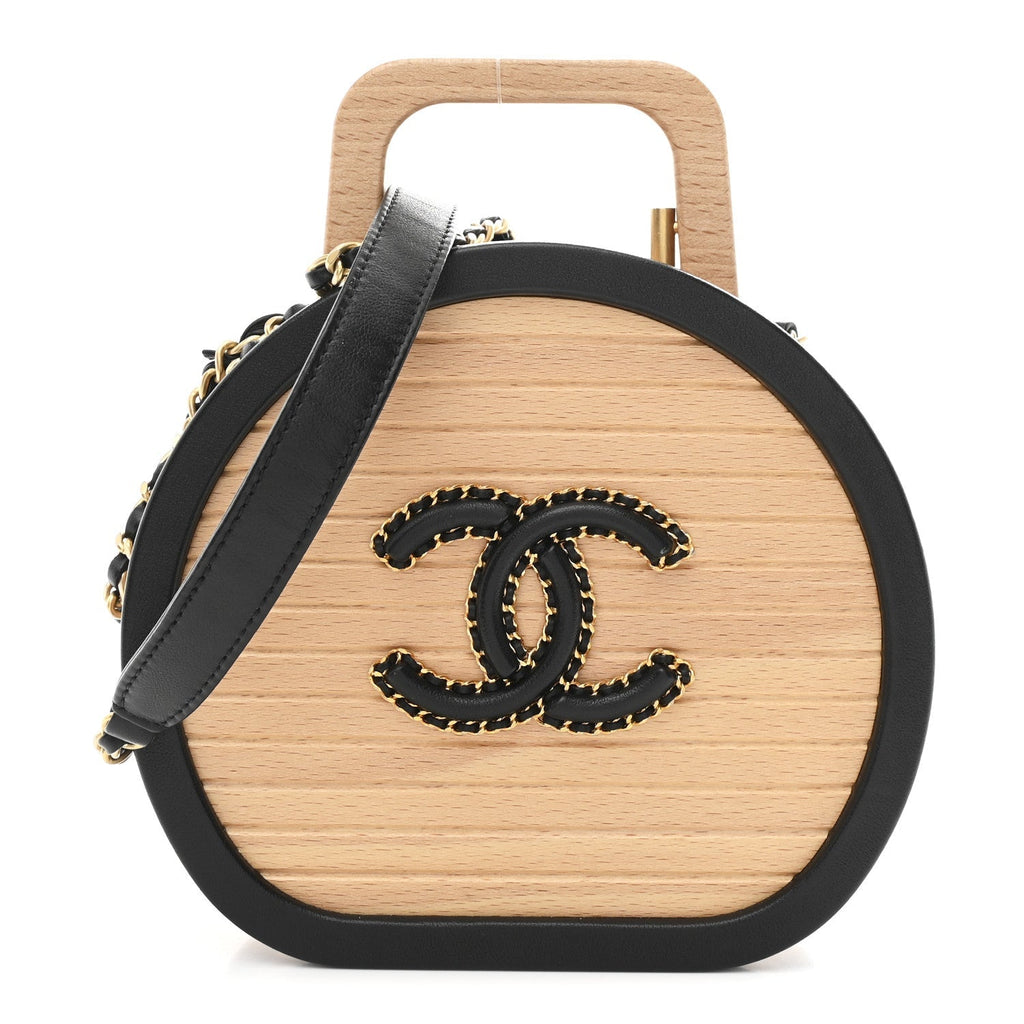 Beech Wood Lambskin Round CC Vanity Case Black