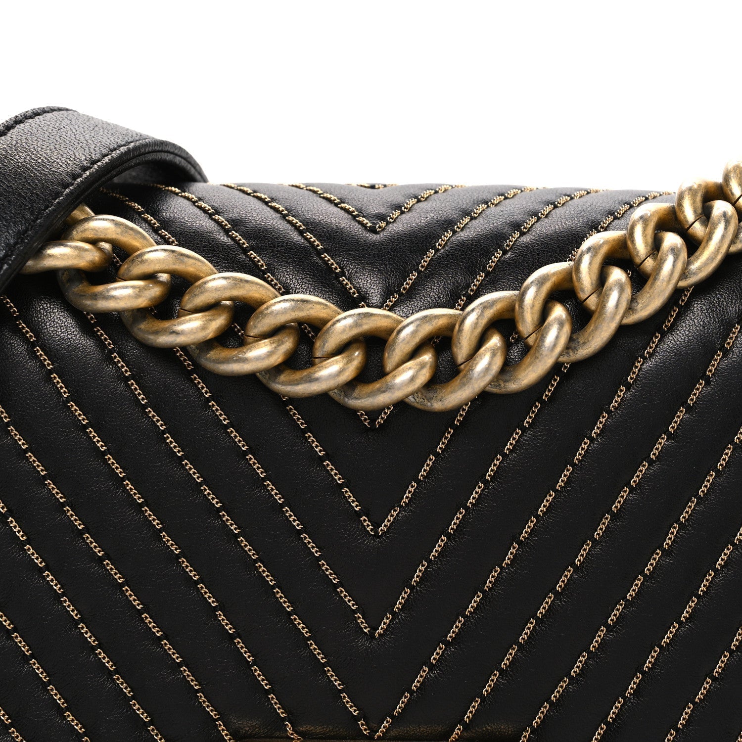 Lambskin Chevron Chain Stitched Small Boy Flap Black