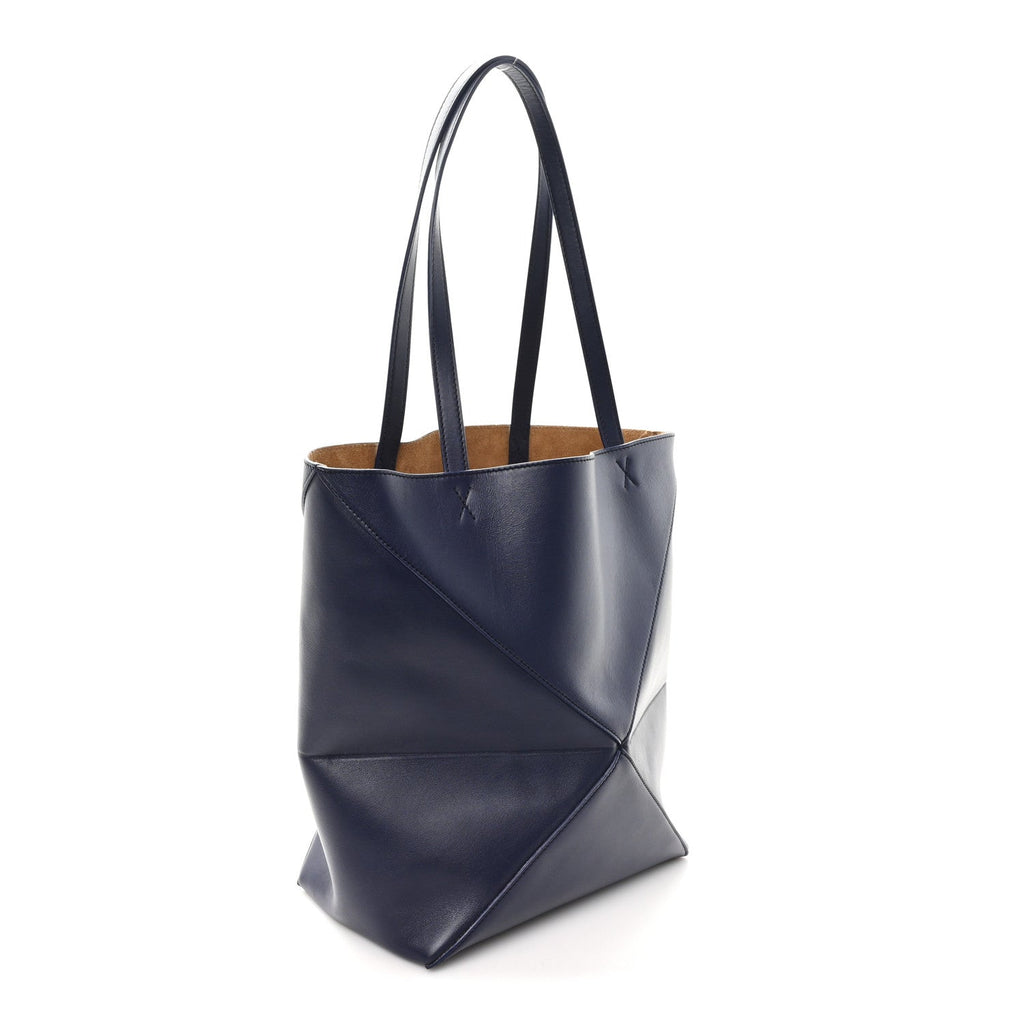 Shiny Calfskin XL Puzzle Fold Tote Abyss Blue