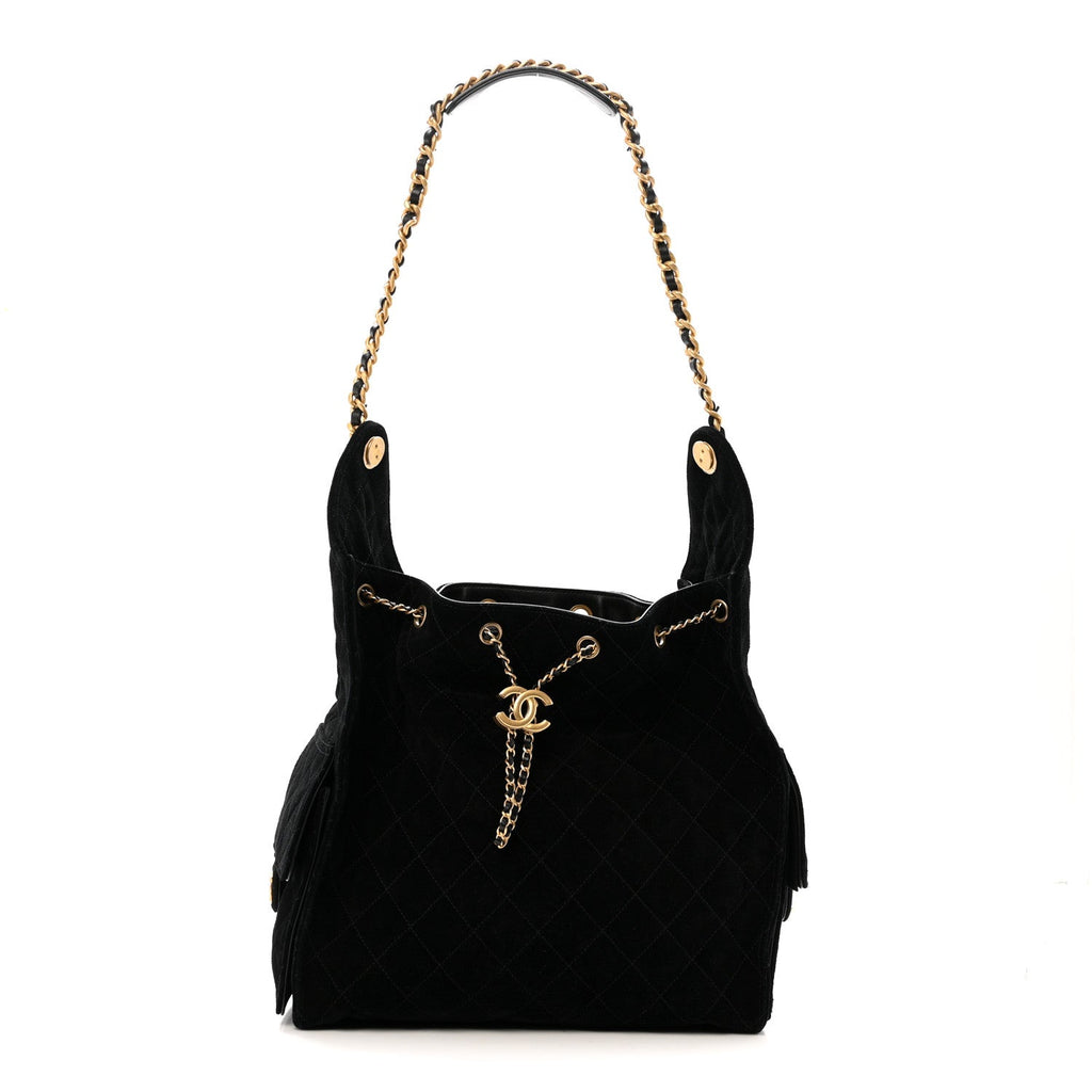 Suede Quilted Medium Chanel 25 Handbag Black