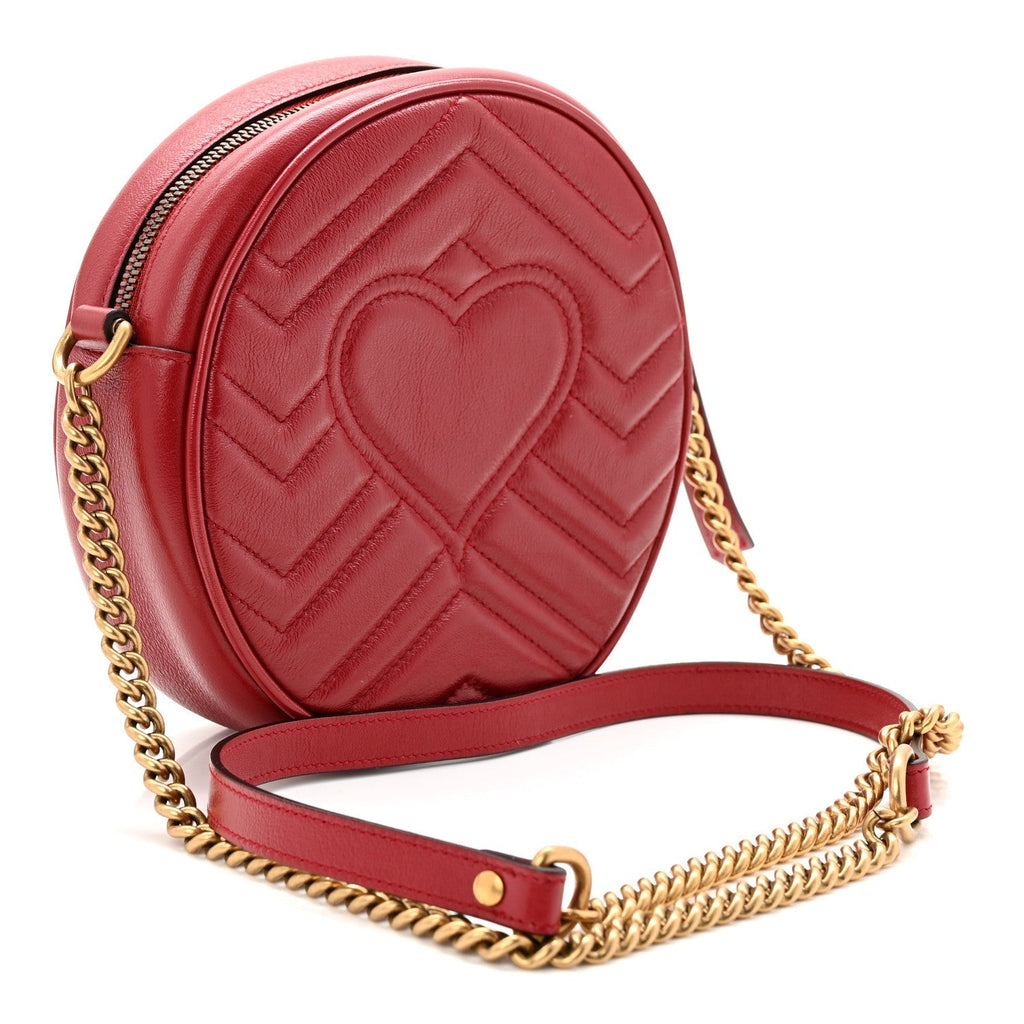 Glazed Calfskin Matelasse Heart Mini GG Marmont Round Shoulder Bag Romantic Cerise