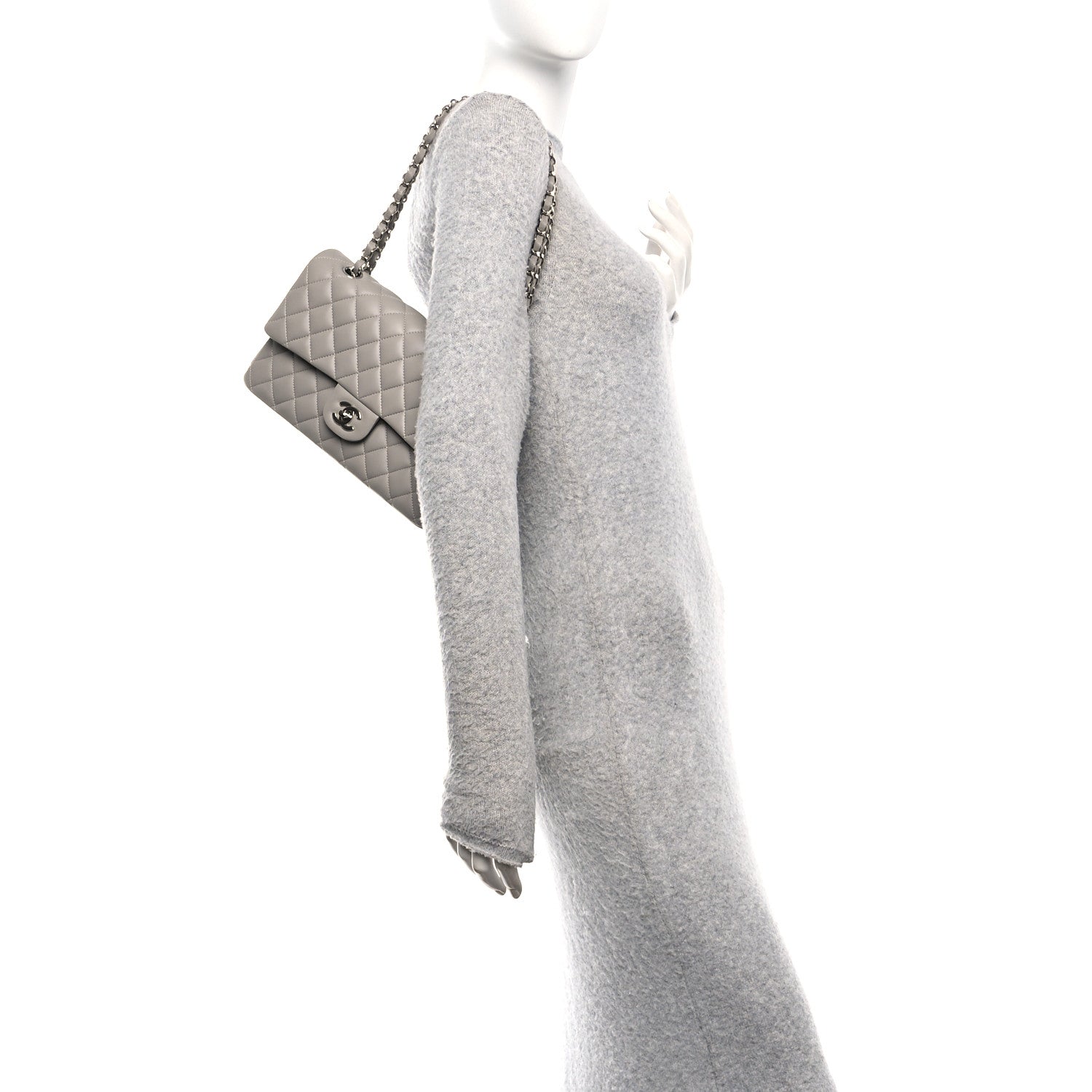 Lambskin Quilted Medium Double Flap Grey
