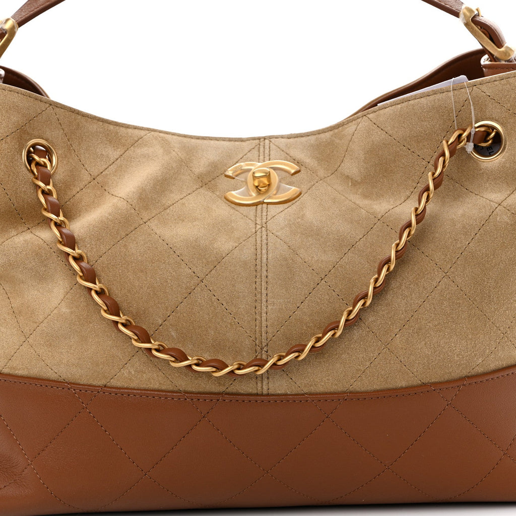 Suede Calfskin Shiny Lambskin Quilted Small Coco Base Shopping Bag Beige Camel