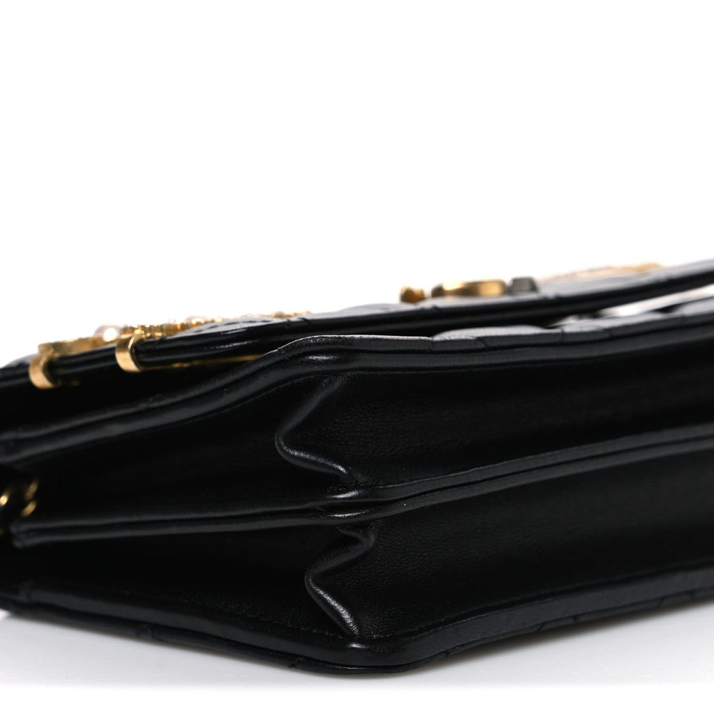 Lambskin Quilted Coco Clips Mini Wallet On Chain WOC Black