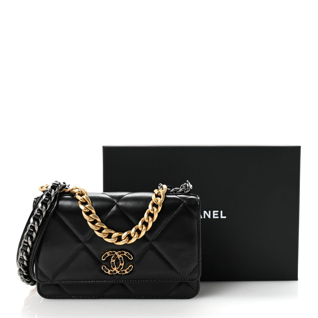 Lambskin Quilted Chanel 19 Wallet On Chain WOC Black