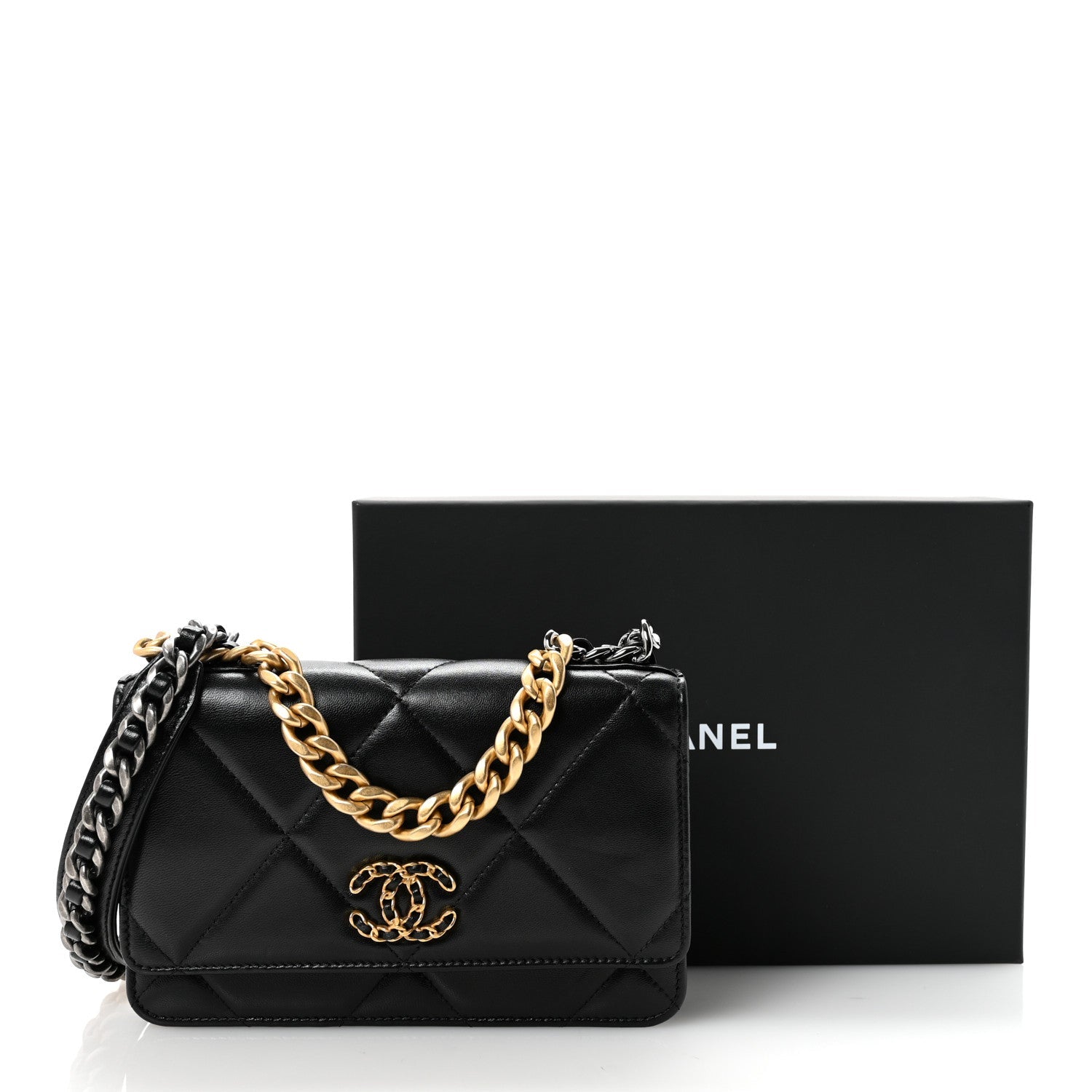 Lambskin Quilted Chanel 19 Wallet On Chain WOC Black