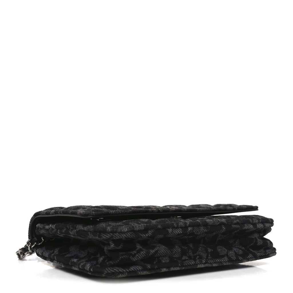 Printed Denim Quilted Flower Wallet On Chain WOC Black