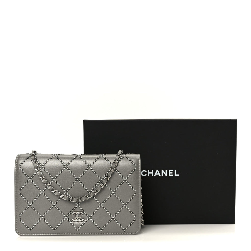 Lambskin Crystal Quilted Wallet On Chain WOC Grey