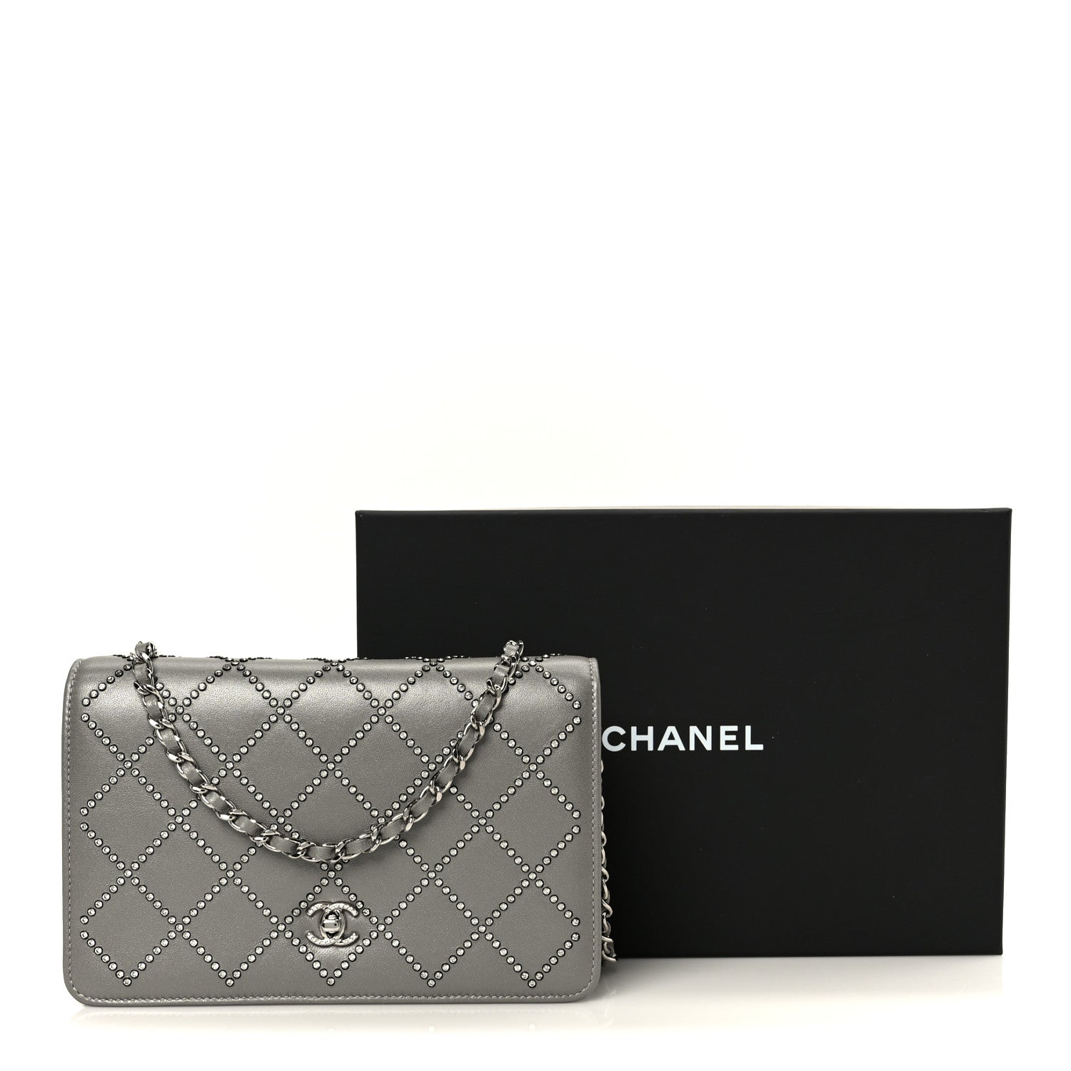 Lambskin Crystal Quilted Wallet On Chain WOC Grey