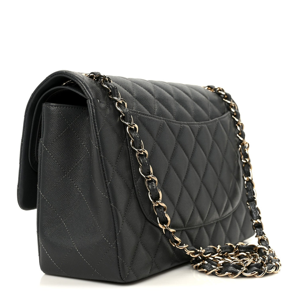 Caviar Quilted Jumbo Double Flap Dark Grey