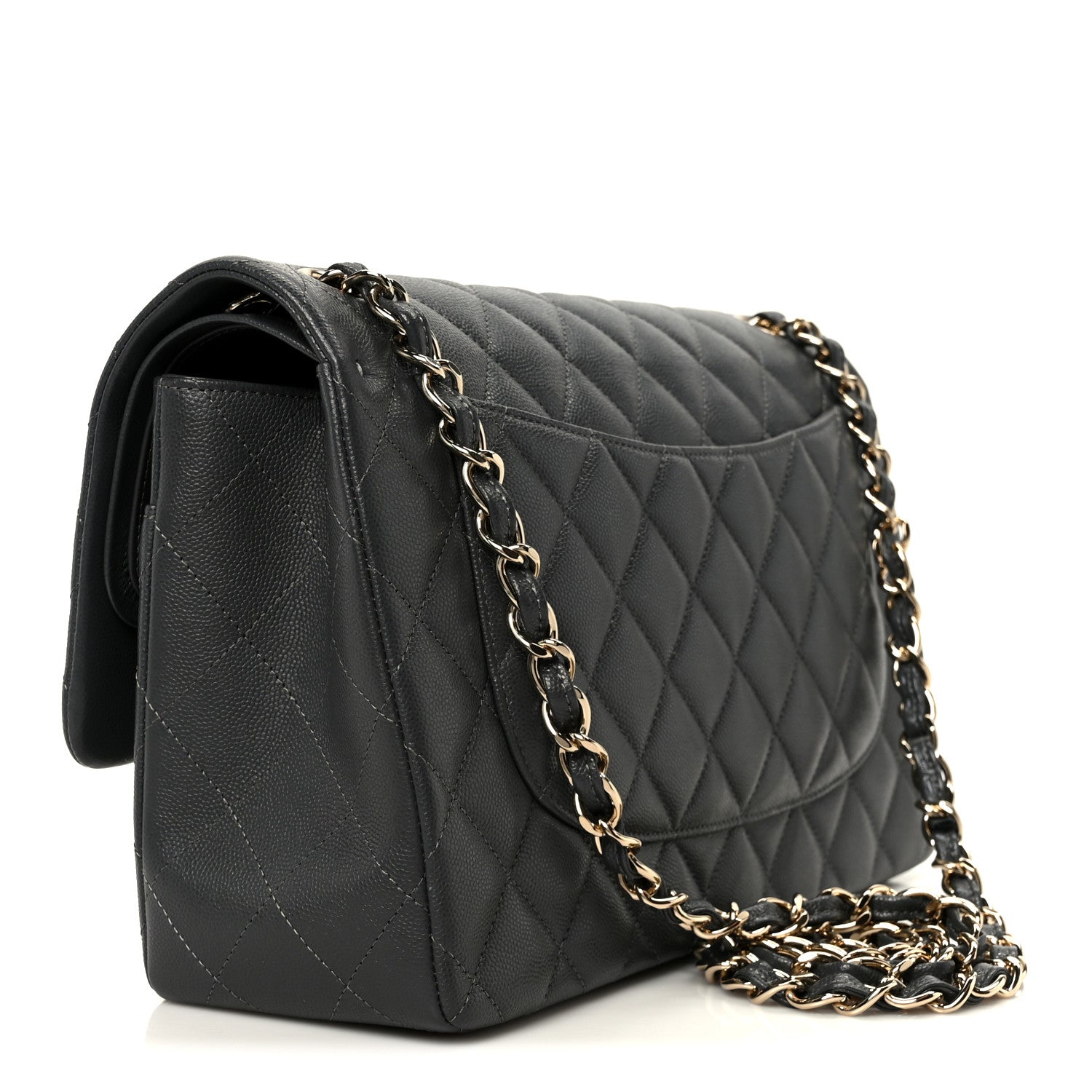 Caviar Quilted Jumbo Double Flap Dark Grey