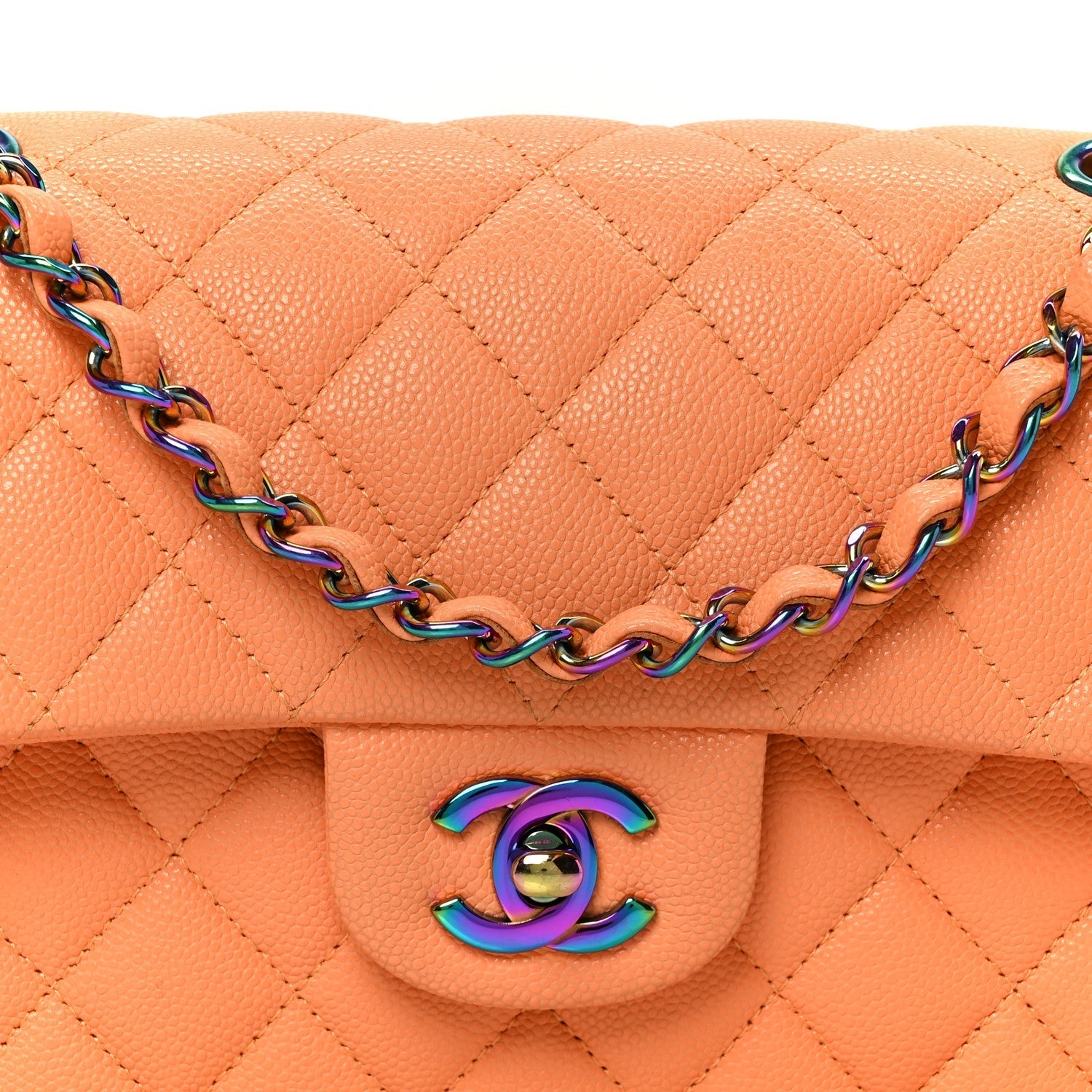 Caviar Quilted Rainbow CC Small Double Flap Orange