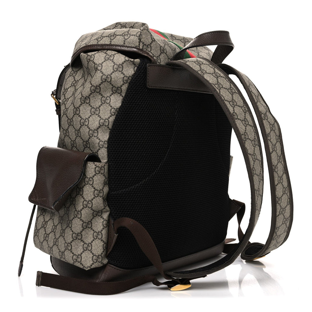 GG Supreme Monogram Medium Ophidia Double Buckle Backpack Brown