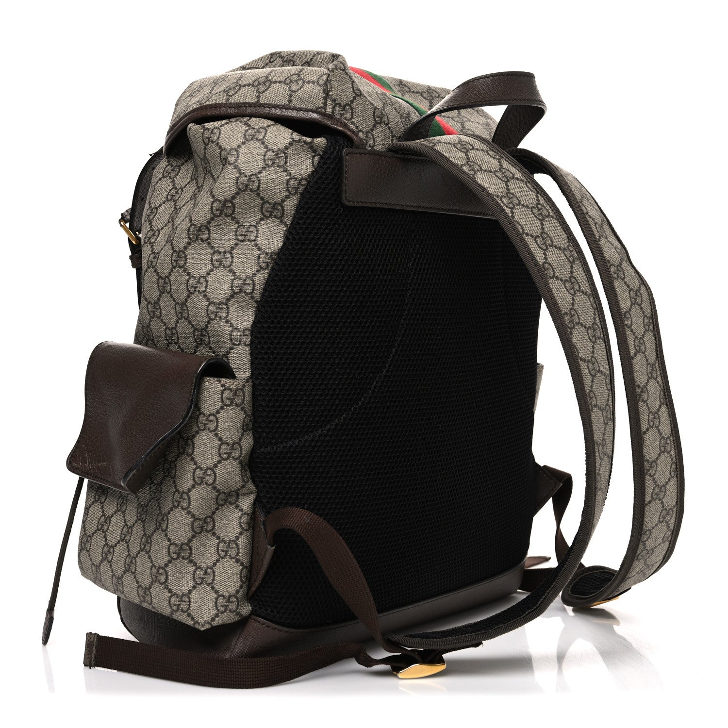 GG Supreme Monogram Medium Ophidia Double Buckle Backpack Brown