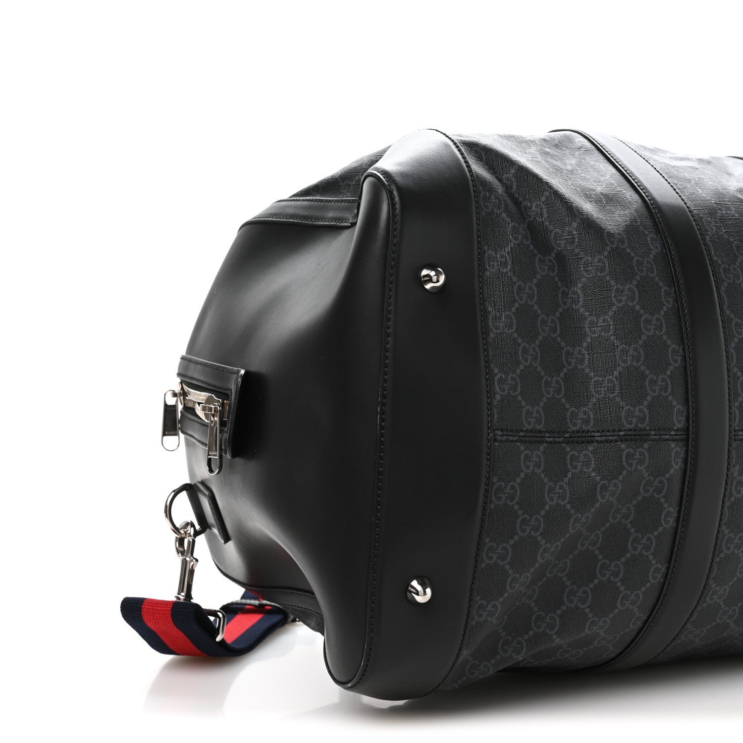 Soft GG Supreme Monogram Appia Calfskin Web Large Carry On Duffle Bag Black Grey