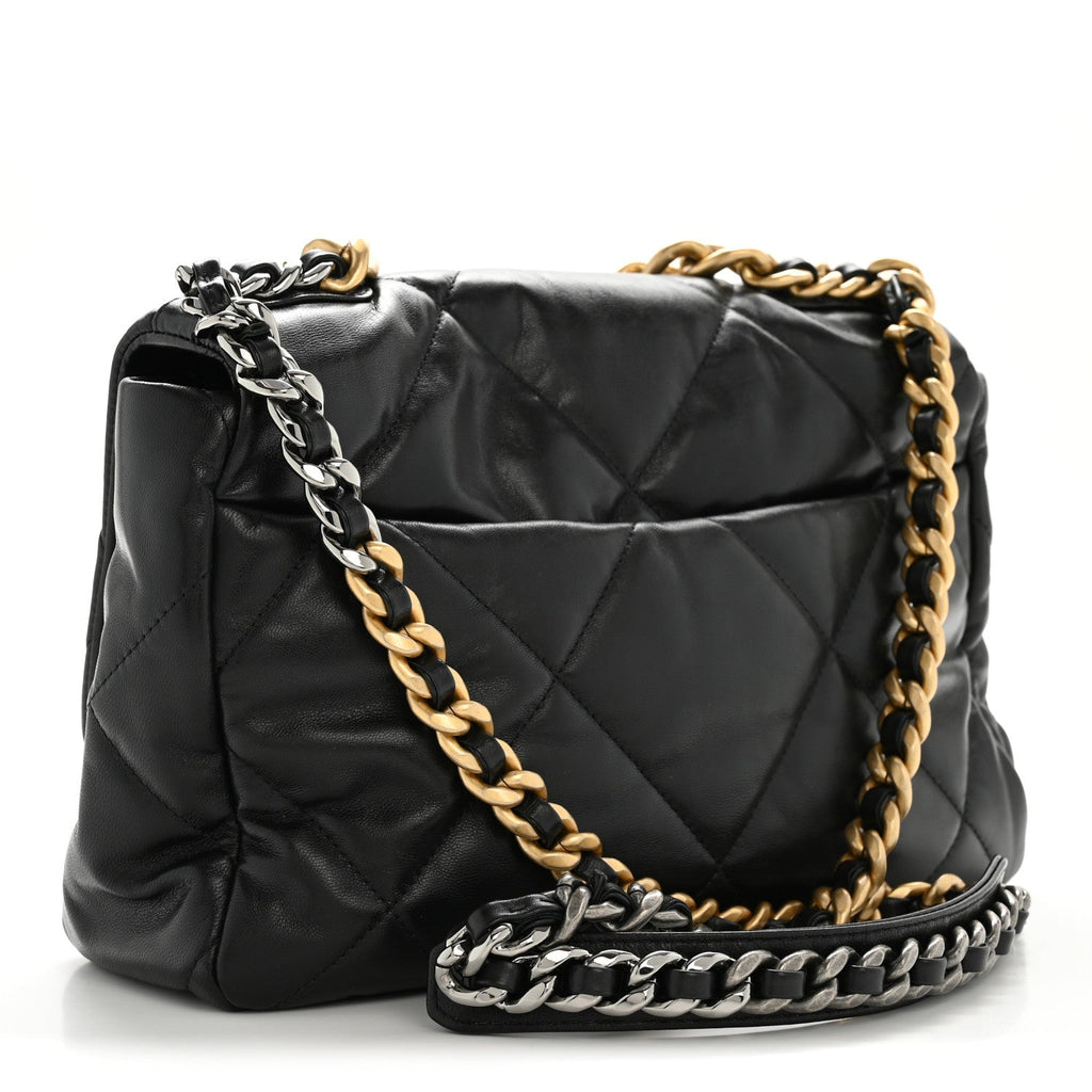 Shiny Goatskin Quilted Large Chanel 19 Flap Black