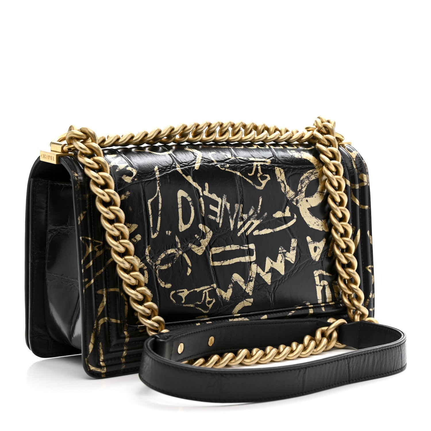 Calfskin Crocodile Embossed Graffiti Cocodile Medium Boy Flap Black
