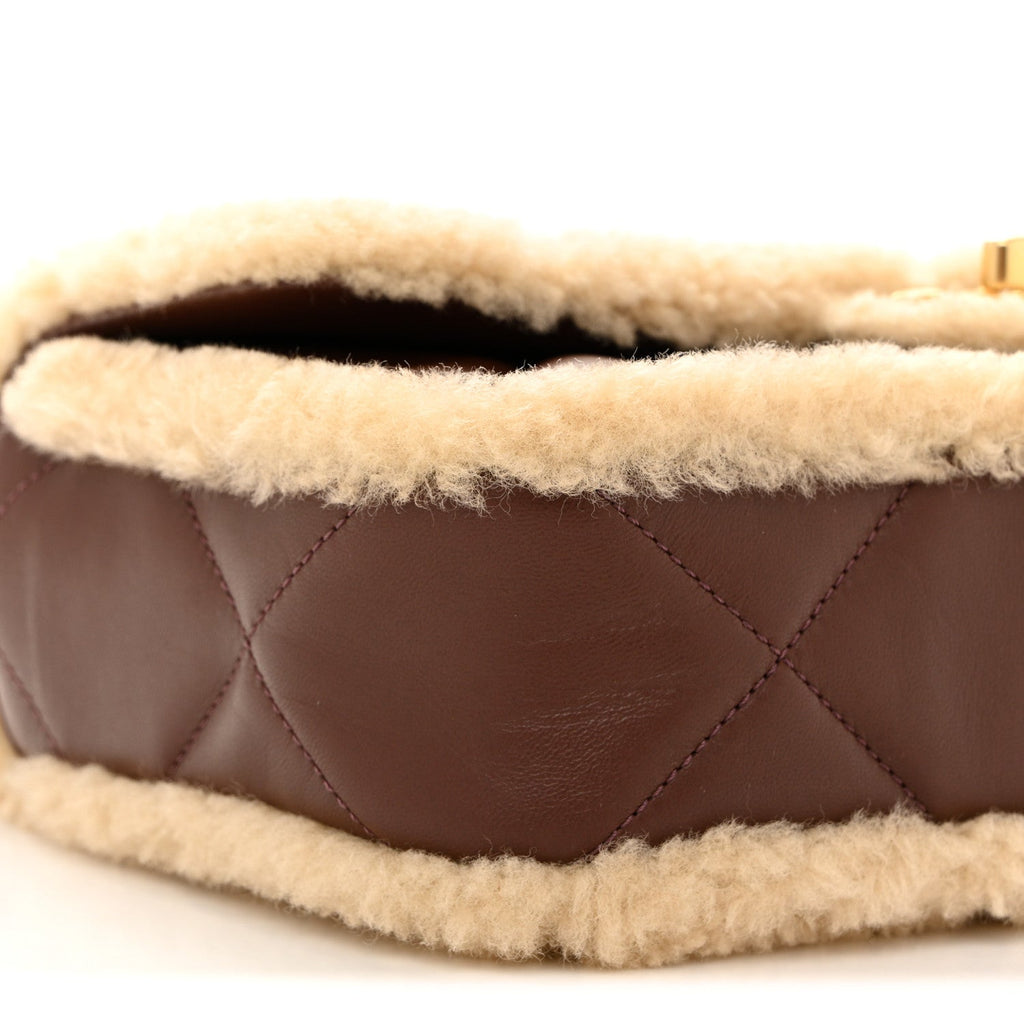 Shearling Lambskin Quilted Furry Coco Flap Dark Brown Beige