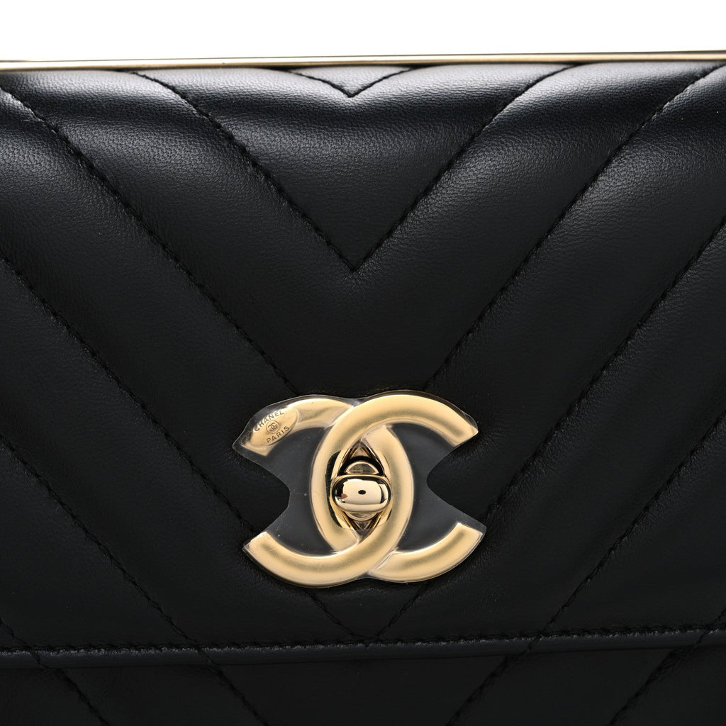 Lambskin Chevron Quilted Small Trendy CC Flap Dual Handle Bag Black