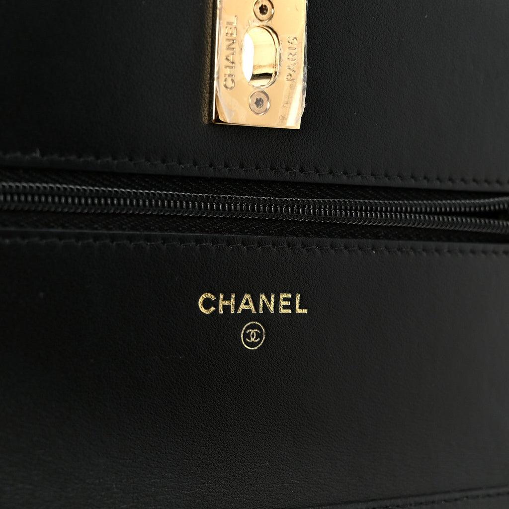 Shiny Lambskin Quilted CC Pearl Wallet on Chain WOC Black